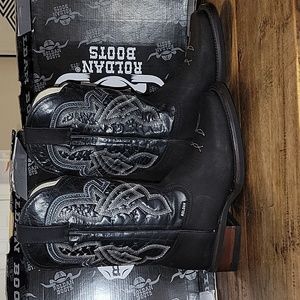 Roldan Mens Leather Western Boots with Dusty Blue/White Stitching